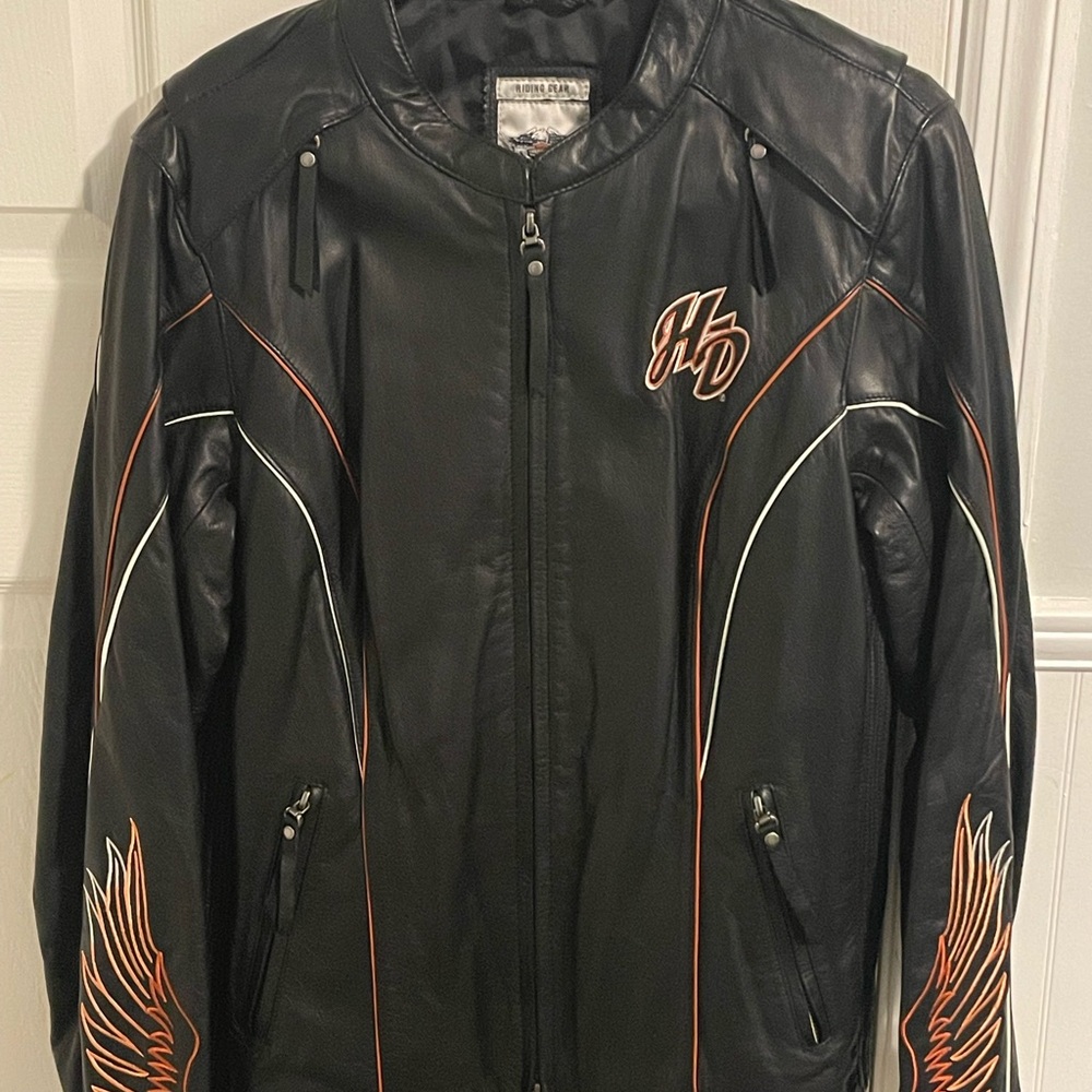 Harley-Davidson Black Leather Juneau Wings Jacket w/Orange & White Accents